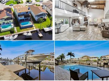 Multi-image view showcasing waterfront home, boat lift, dock, pool, and interior living space with high ceilings at 6241 Bayside Dr, New Port Richey, FL 34652