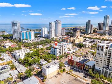 Stunning aerial view of condo in an urban location with city and ocean views at 475 2Nd N St # 201, St Petersburg, FL 33701