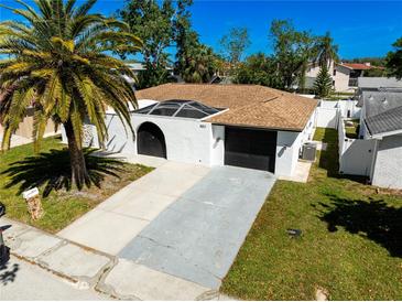 Charming home featuring an arched entrance, two-car garage, and a well-maintained lawn with a mature palm tree at 6311 Seabreeze Dr, Port Richey, FL 34668