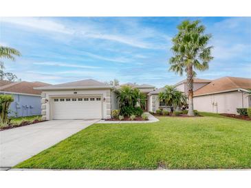 Charming single-story home with a lush green lawn and mature landscaping at 27130 Firebush Dr, Wesley Chapel, FL 33544