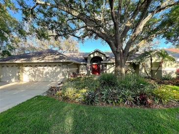 Charming home exterior featuring lush landscaping and a vibrant red front door, shaded by a mature tree at 6805 Monet Cir, Temple Terrace, FL 33617