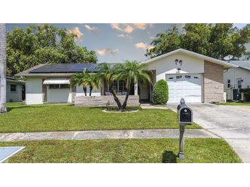 Charming single-story home with well-maintained lawn, palm trees, and solar panels, offering curb appeal and energy efficiency at 2955 Briar Cliff Dr, Palm Harbor, FL 34684