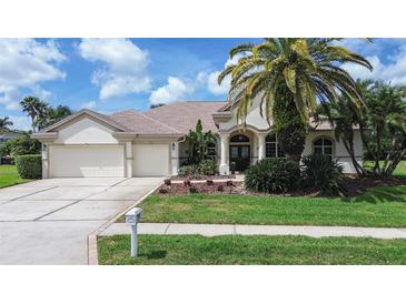 Charming single-story home with a well-manicured lawn, mature palm trees, and a three-car garage at 5460 Millbrook Way, Palm Harbor, FL 34685