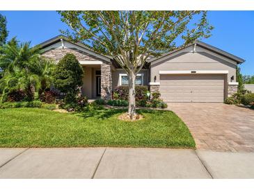 Charming home with well-manicured lawn, mature landscaping, and a brick paver driveway at 21627 Pearl Crescent Ct, Land O Lakes, FL 34637