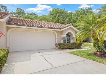 Inviting single-story home with a well-maintained lawn, a two-car garage, and a charming barrel tile roof at 3810 Darston St, Palm Harbor, FL 34685