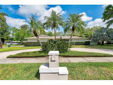 Landscaped front yard with tropical plants, palm trees, circular driveway, and charming mailbox at 2216 El De Oro Dr, Clearwater, FL 33764