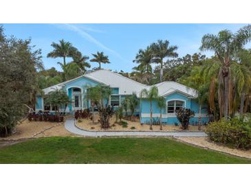 Beautiful light-blue single-Gathering home with a metal roof, palm trees, and a well-manicured lawn at 424 Island Cay Way, Apollo Beach, FL 33572