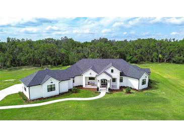 A beautiful white modern farmhouse with dark roof and window frames sits on lush green lawn with mature trees in the background at 111 Alafia Estates Ln, Plant City, FL 33567