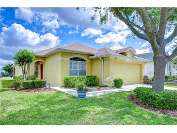 Charming yellow home featuring a well-manicured lawn and a two-car garage, nestled under a bright, partly cloudy sky at 2816 Graphite Ct, Valrico, FL 33594