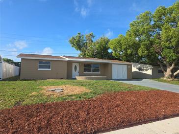 Inviting single-story home featuring a well-maintained lawn and fresh landscaping at 5130 Tilson Dr, New Port Richey, FL 34652