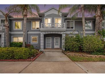 Gray two-story condo with palm trees and manicured landscaping against a colorful sunset sky at 18111 Paradise Point Dr, Tampa, FL 33647