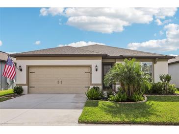 Charming single-story home with a well-manicured lawn, two-car garage, and beautiful landscaping at 6374 Bradford Woods Dr, Zephyrhills, FL 33542