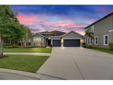 Charming single-story home featuring a stone accent entry and a two-car garage under a vibrant sunset at 6611 Current Dr, Apollo Beach, FL 33572
