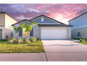 Charming single-story home featuring a well-manicured lawn and a two-car garage at 22196 Calisto Way, Land O Lakes, FL 34637