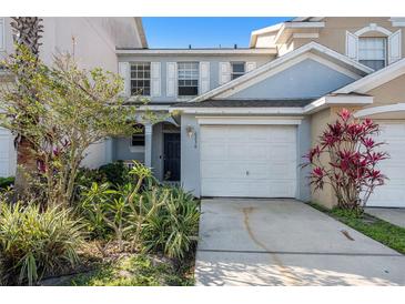 Light blue two-story townhouse with a white garage door and lots of Florida landscaping at 6236 Olivedale Dr, Riverview, FL 33578