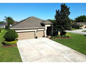 Charming single-story home featuring a well-maintained lawn and a convenient two-car garage at 13302 Trailing Moss Dr, Dade City, FL 33525