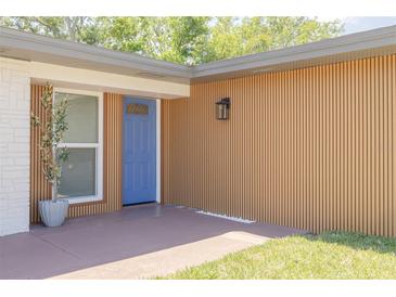 Charming blue front door with decorative window and updated wood grain plank siding at 1717 Thames St, Clearwater, FL 33755
