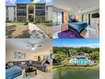 Collage of condo's exterior, bedroom, living room, and aerial view of the pool and lake at 3188 Lake Pine S Way # B1, Tarpon Springs, FL 34688