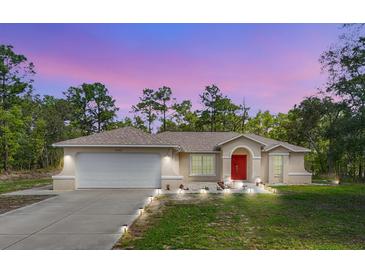 Inviting exterior showcasing a well-maintained lawn, a two-car garage, and a bright red front door at 10423 Sand Lark Ave, Weeki Wachee, FL 34614