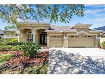 Inviting home exterior featuring a two-car garage, well-maintained landscaping, and a charming facade at 15714 Ibisridge Dr, Lithia, FL 33547