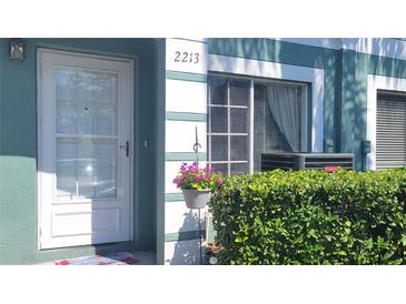 Inviting front door of a well-maintained home featuring a charming flower basket and manicured greenery at 2213 Fluorshire Dr, Brandon, FL 33511