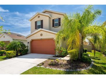 Charming two-story home boasts a two-car garage, well-maintained landscaping and a lovely palm tree in the front yard at 29002 Trevi Pl, Wesley Chapel, FL 33543