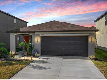 Charming one-story home featuring a two-car garage, manicured lawn, and welcoming front entrance at 10229 Bright Crystal Ave, Riverview, FL 33578