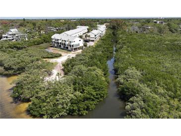Beautiful aerial view of waterfront townhomes surrounded by lush mangrove forests and a tranquil waterway at 1500 Sunset Rd # C7, Tarpon Springs, FL 34689