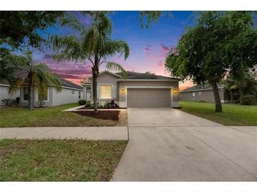 Charming single Gathering home with a well-manicured lawn and mature landscaping at sunset at 7511 Turtle View Dr, Ruskin, FL 33573