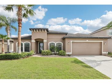 Beautifully landscaped single-Gathering home with palm trees and a two-car garage at 14227 Alistar Manor Dr, Wimauma, FL 33598