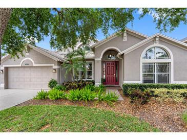 Charming single-story home with well-maintained landscaping, a red front door and neutral color palette at 16522 Ivy Lake Dr, Odessa, FL 33556
