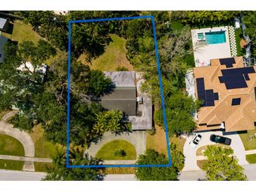 Aerial view showcasing the home surrounded by lush greenery and a well-maintained landscape at 459 Bayview Ne Dr, St Petersburg, FL 33704