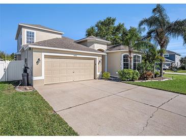 Charming home featuring a large garage, well-maintained lawn, and beautiful landscaping with palm trees at 4206 Morning Breeze Ct, Tampa, FL 33619