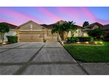 Charming single-story home with a three-car garage, manicured lawn, and tropical landscaping at 3148 Sago Point Ct, Land O Lakes, FL 34639