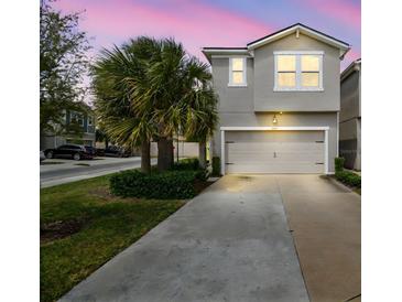 Two-story home featuring an attached two-car garage, palm trees, and beautiful landscaping at 5833 Grand Sonata Ave, Lutz, FL 33558