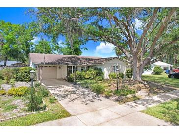 Charming single-story home featuring a large tree, two-car garage, and well-maintained landscaping at 7703 W Hiawatha St, Tampa, FL 33615