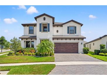 Stunning two-story home with a well-manicured lawn and beautiful landscaping at 13102 Foxtail Fern Dr, Riverview, FL 33579