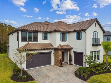 Two-story home boasts a tile roof, blue shutters, and a paved driveway leading to a three-car garage at 19719 Cypress Bridge Dr, Odessa, FL 33556