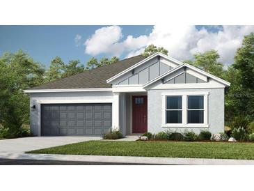 Charming single-story home with a gray two-car garage and a well-manicured lawn at 3408 Lumber Falls Dr, Plant City, FL 33565