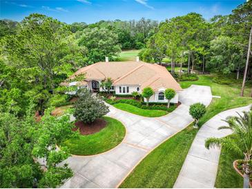 Stunning aerial view of a luxurious home featuring a circular driveway and lush landscaping at 2220 Muirfield Way, Oldsmar, FL 34677