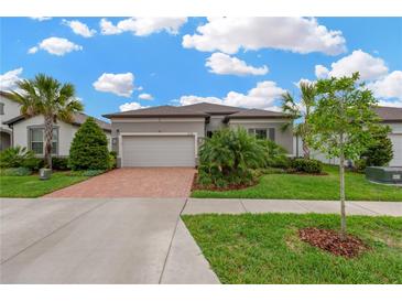 Charming single-story home with brick driveway, lush landscaping, and a two-car garage at 5128 Dockyard Pl, Land O Lakes, FL 34638