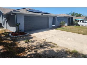 Charming single-story home featuring a two-car garage, solar panels, and a well-maintained lawn at 11715 Salmon Dr, Port Richey, FL 34668