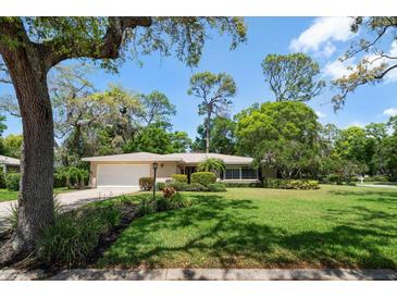Charming single-story home with a lush front lawn and mature trees at 1431 Normandy Ln, Palm Harbor, FL 34683