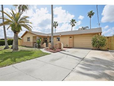 Inviting single-story home features a well-manicured lawn, long driveway and attached garage at 5616 Riddle Rd, Holiday, FL 34690