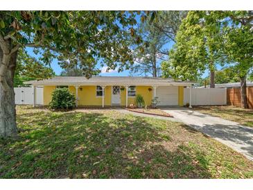 Charming yellow single-story home with a well-manicured front yard and inviting entrance at 1019 Goshen Rd, Tarpon Springs, FL 34689