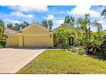 Inviting single-story home featuring a three-car garage and lush tropical landscaping at 2613 Bonterra Blvd, Valrico, FL 33594