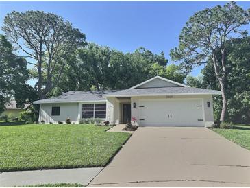 Charming single-story home with a well-manicured lawn, mature trees, and a two-car garage at 2869 Thistle N Ct, Palm Harbor, FL 34684