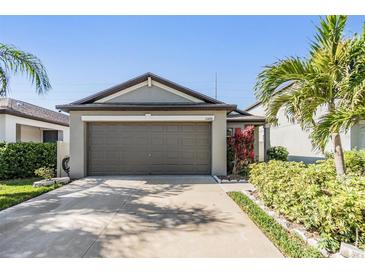 Single-Gathering home with a spacious two-car garage and a well-manicured lawn at 11426 Sage Canyon Dr, Riverview, FL 33578