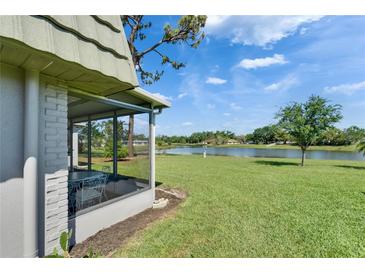 Screened back porch featuring beautiful views of a lush green yard and serene lake at 201 Kings Blvd # 19, Sun City Center, FL 33573