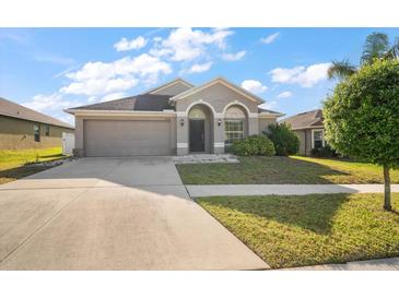 Charming single-Gathering home with a two-car garage and well-maintained front yard at 18314 Waydale Loop, Hudson, FL 34667